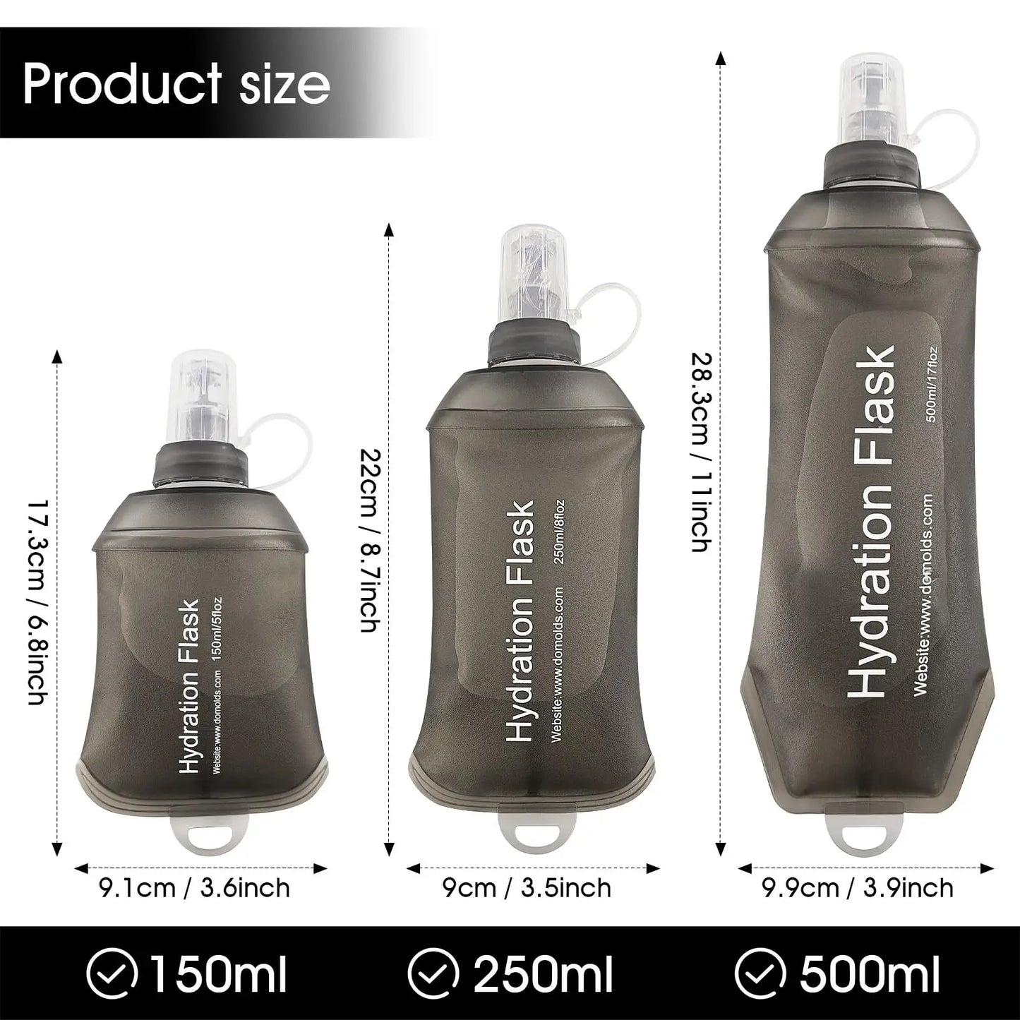 Soft Flask, TPU Collapsible Soft Water Bottle for Hydration Pack, Running Vest, Leak-Proof Folding Water Bottle for Hiking Cycli