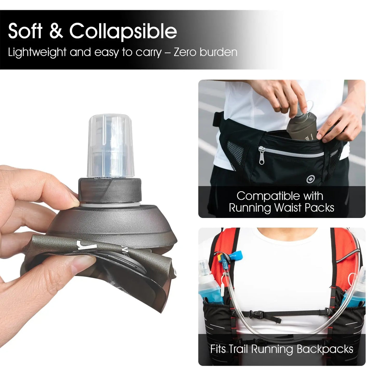Soft Flask, TPU Collapsible Soft Water Bottle for Hydration Pack, Running Vest, Leak-Proof Folding Water Bottle for Hiking Cycli